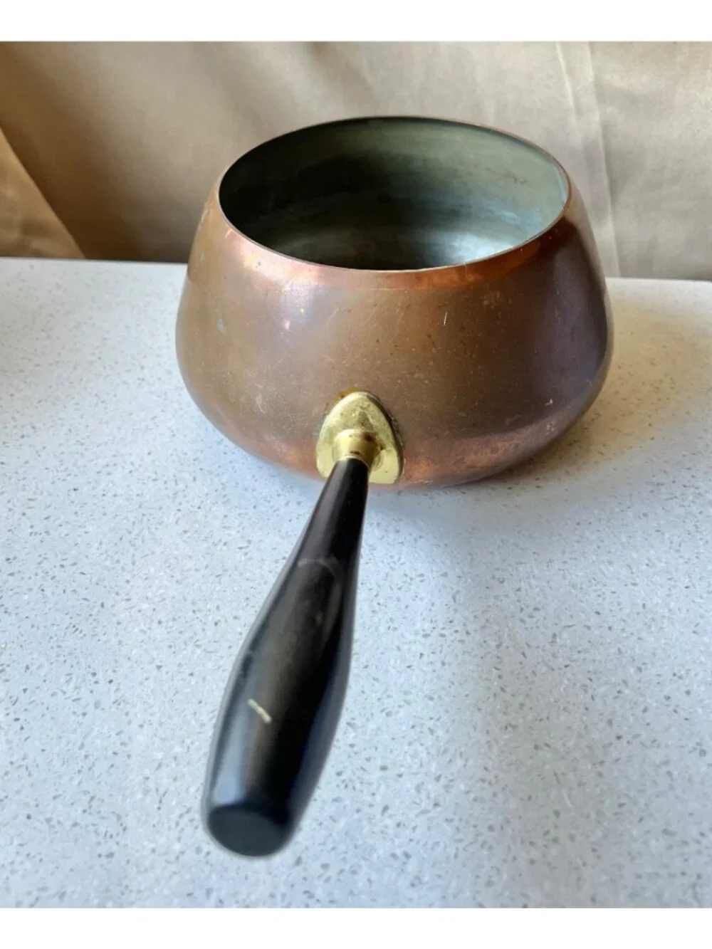Copper Saucepan With Removable Black Handle & Brass Detail VTG French Country